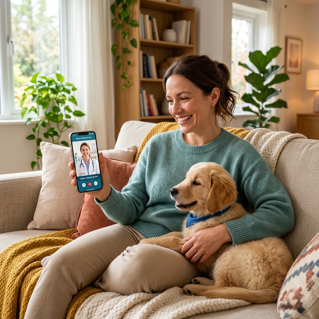 Pessoa em casa com pet usando celular